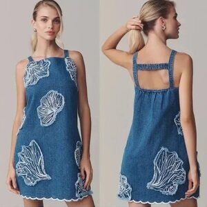 Maeve Square Neck Embroidered Denim Mini Dress Sleeveless Women's Size L Blue